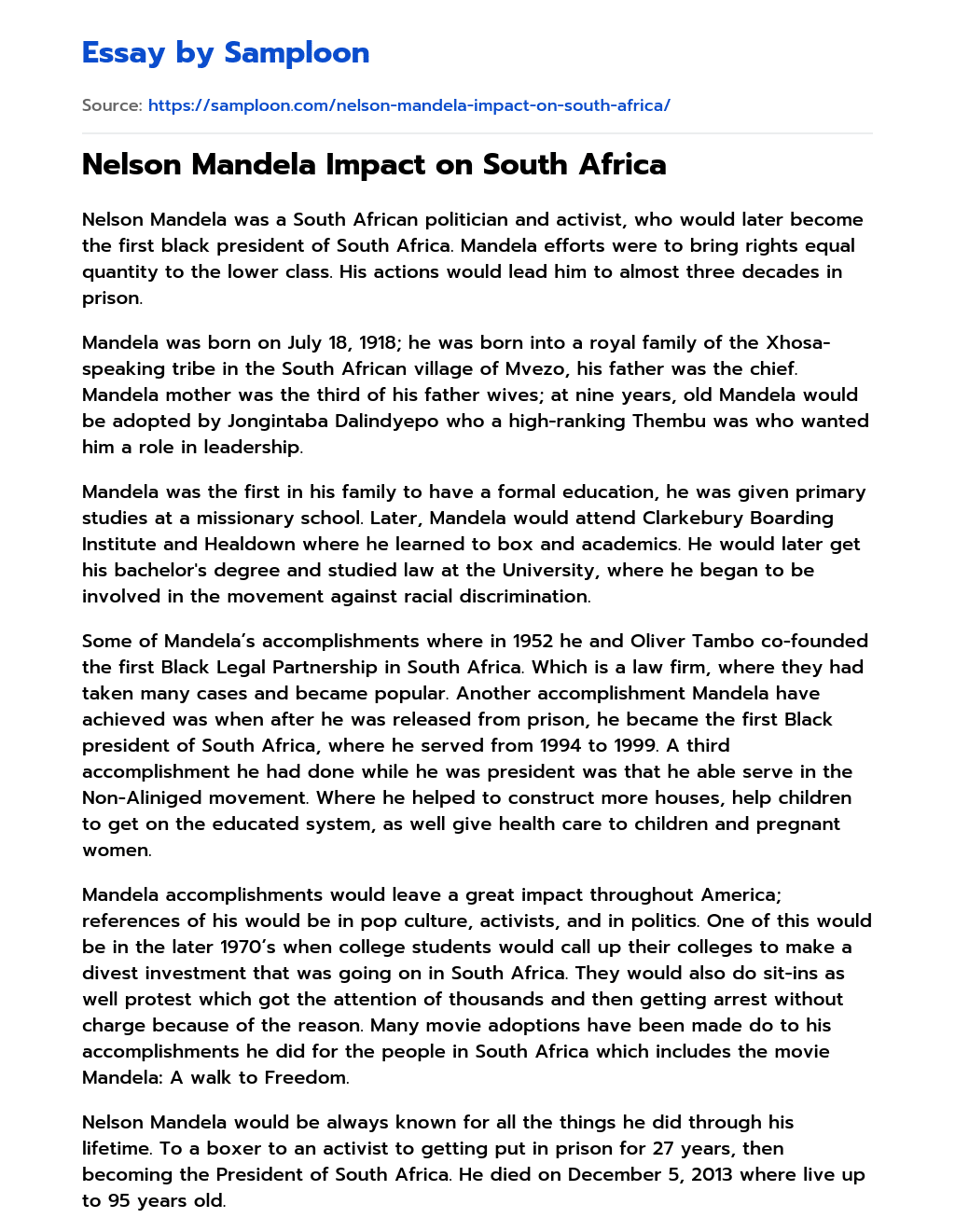 Nelson Mandela Impact on South Africa essay