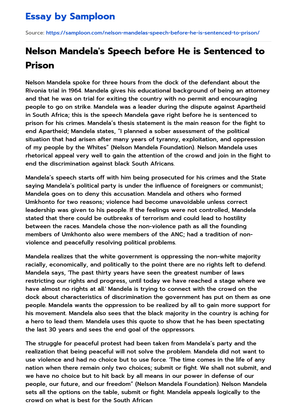 Nelson Mandela’s Speech before He is Sentenced to Prison essay