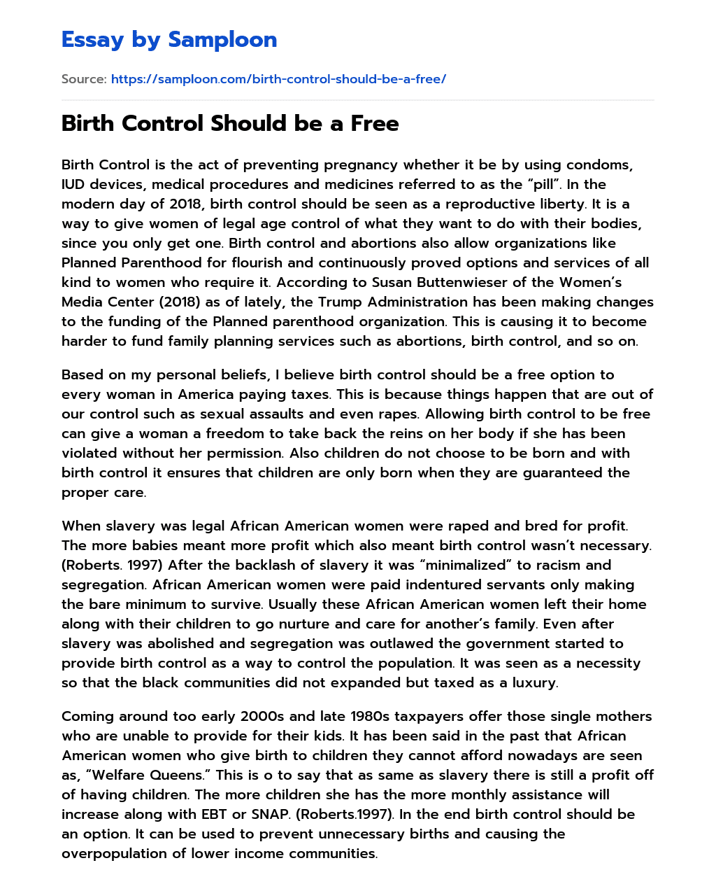 easy essay on birth control