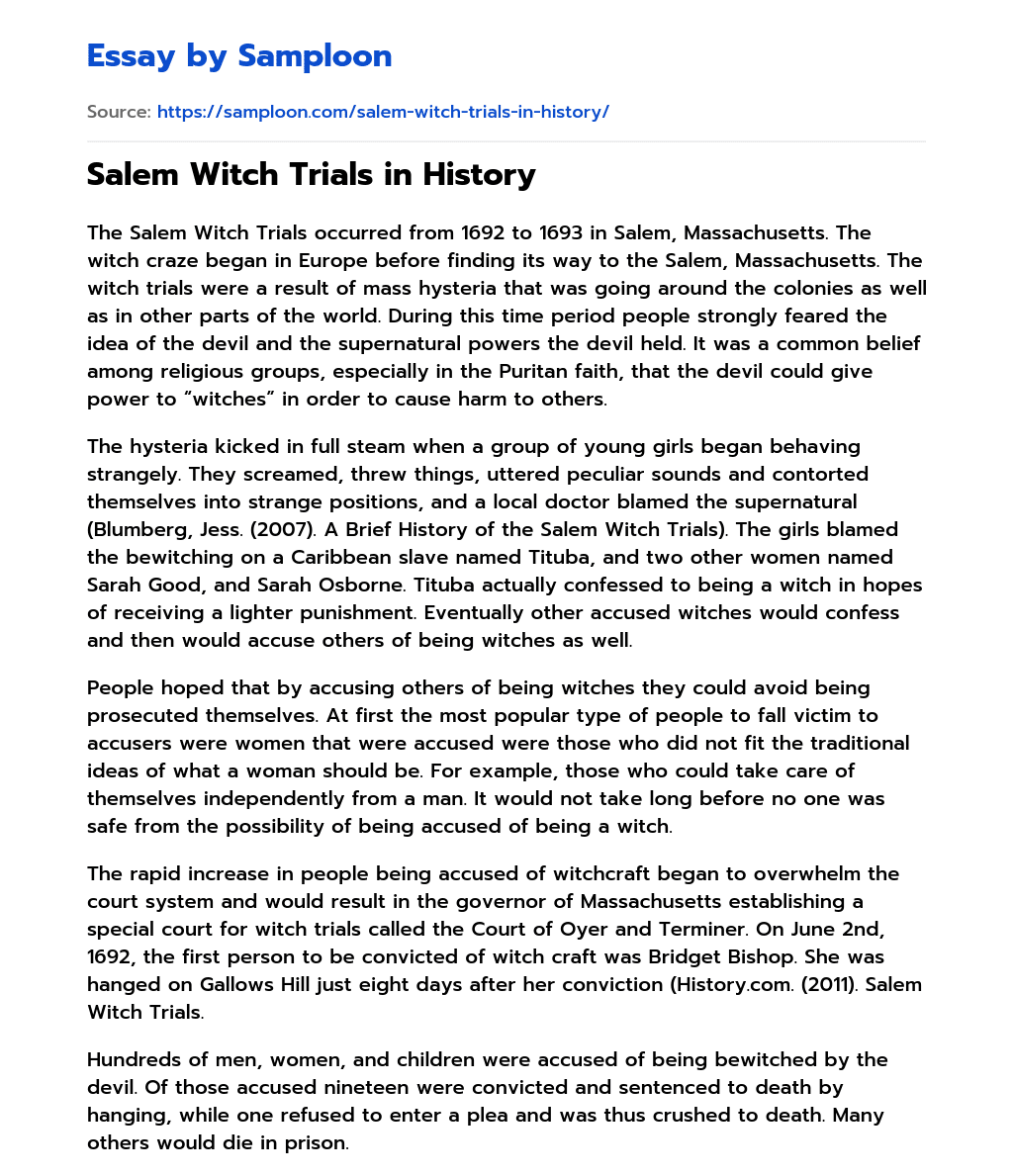 Salem Witch Trials in History essay