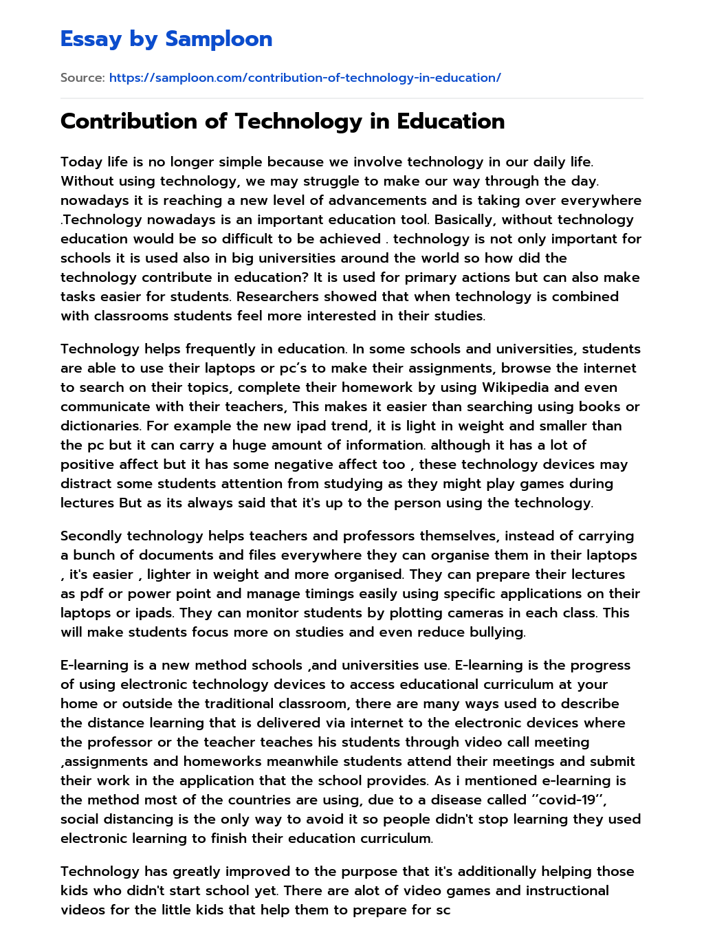 Contribution of Technology in Education  essay