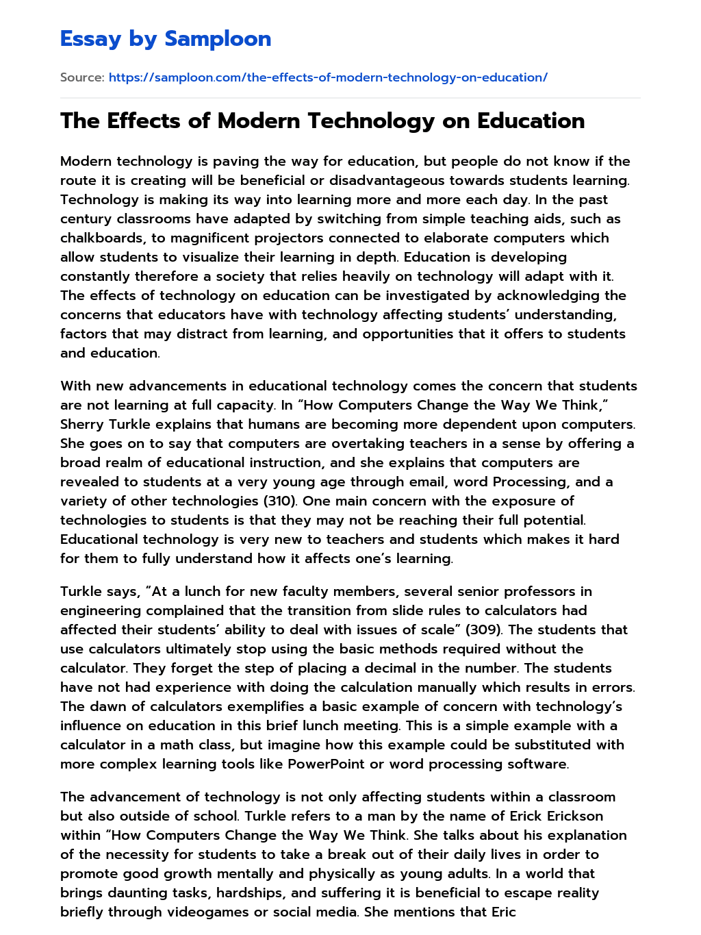 The Effects of Modern Technology on Education essay