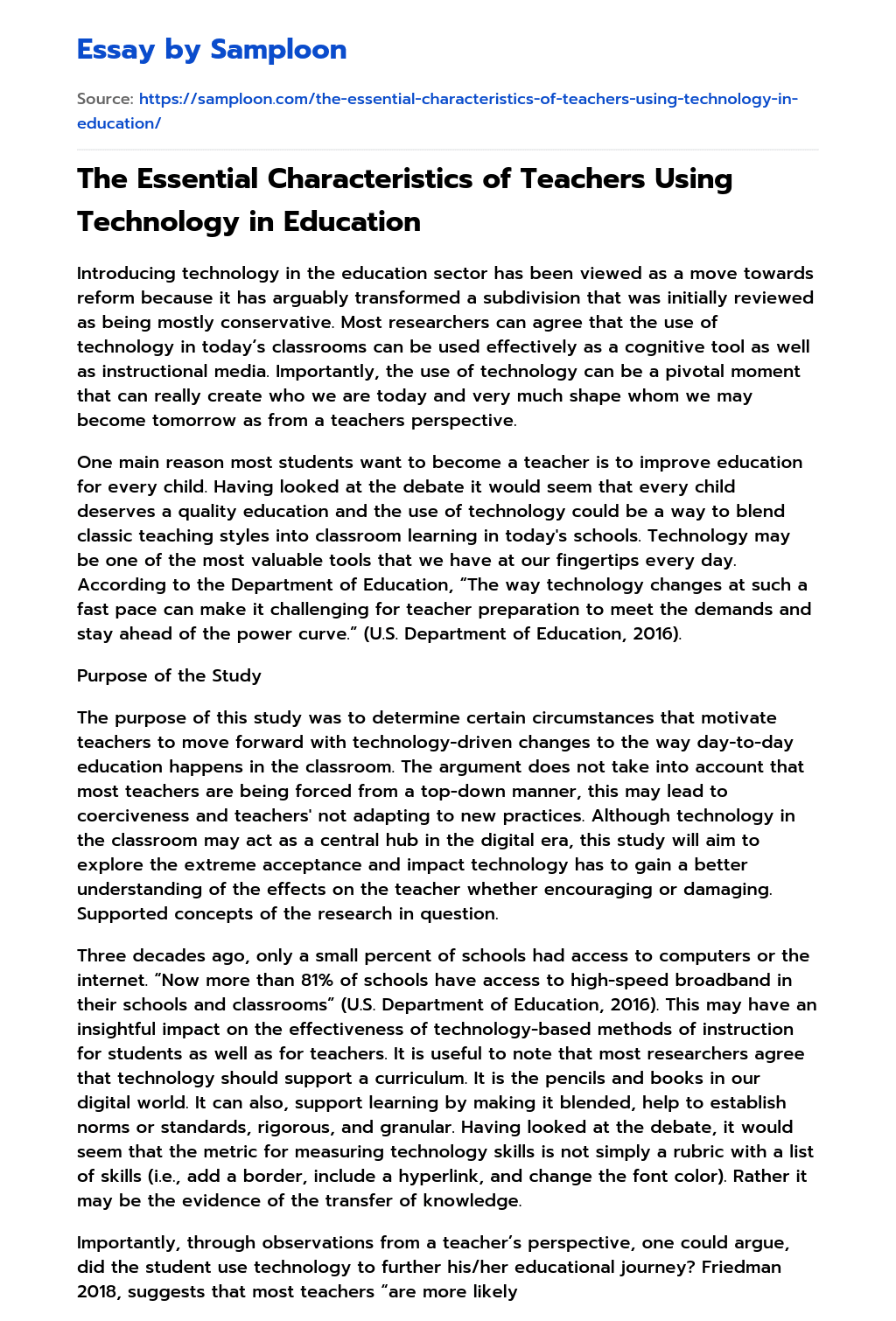 The Essential Characteristics of Teachers Using Technology in Education essay