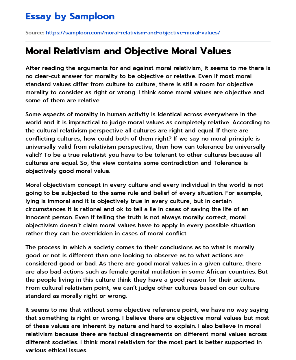 Moral Relativism and Objective Moral Values essay