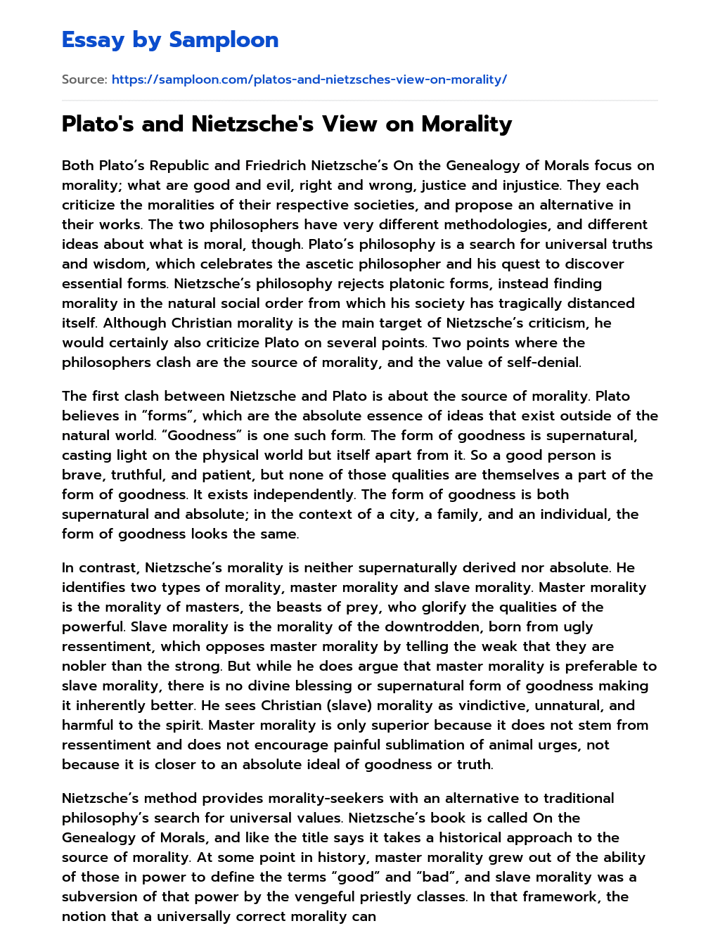 Plato’s and Nietzsche’s View on Morality essay