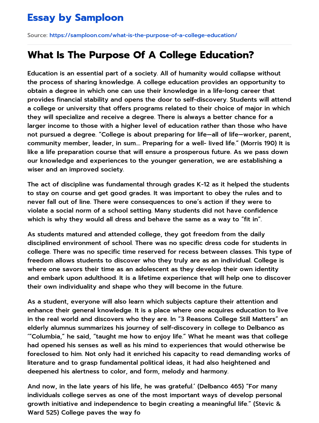  What Is The Purpose Of A College Education Free Essay Sample On 