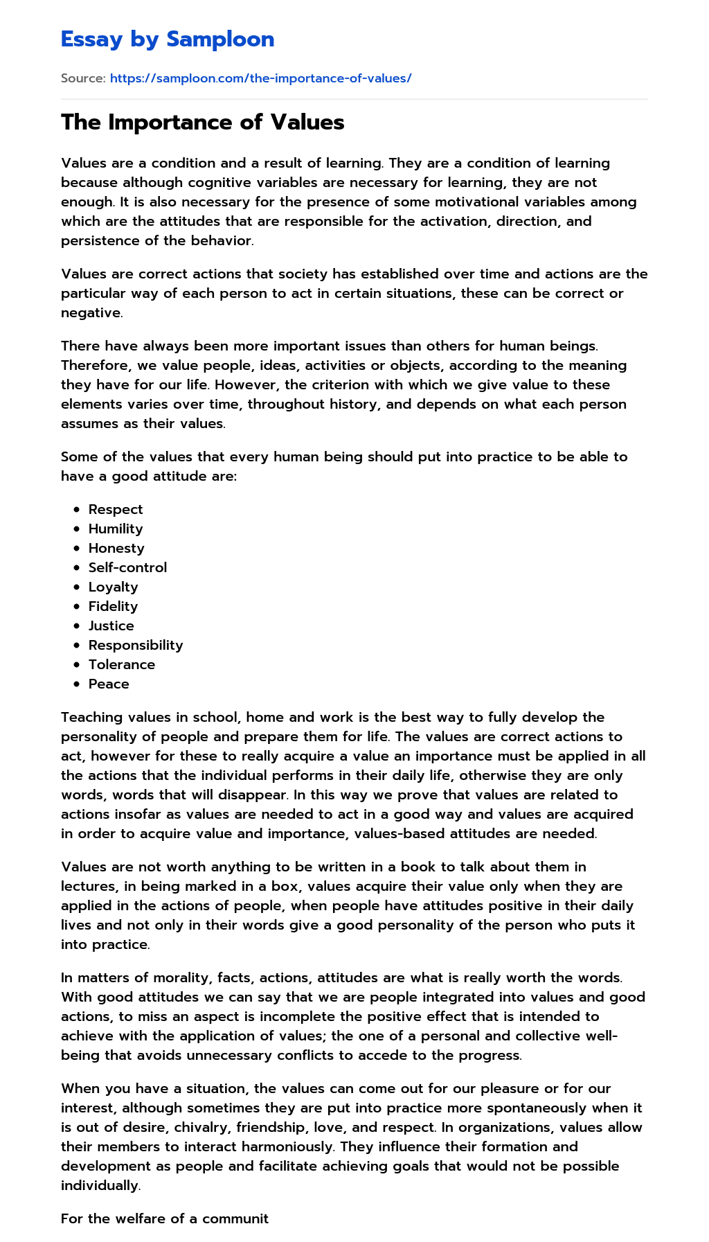 essay on life values