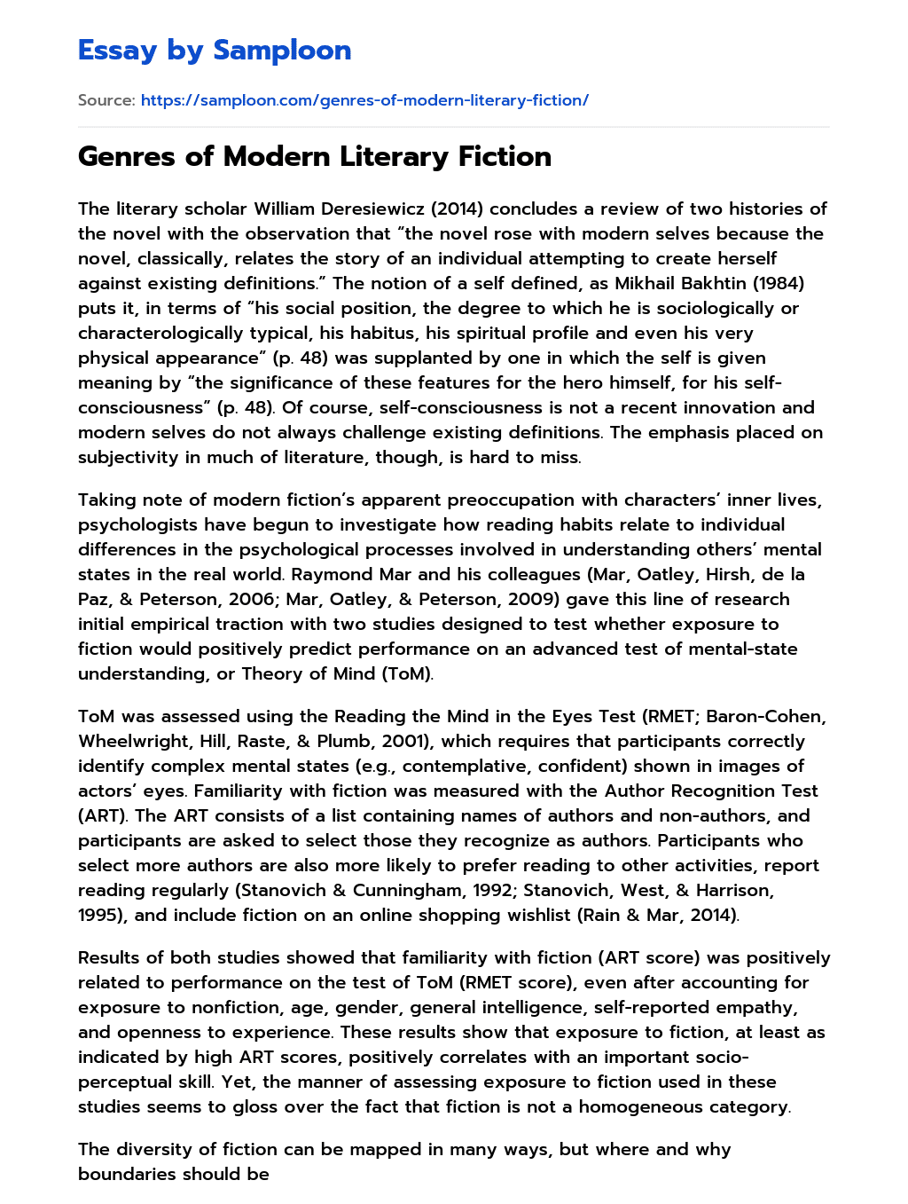 Genres of Modern Literary Fiction essay