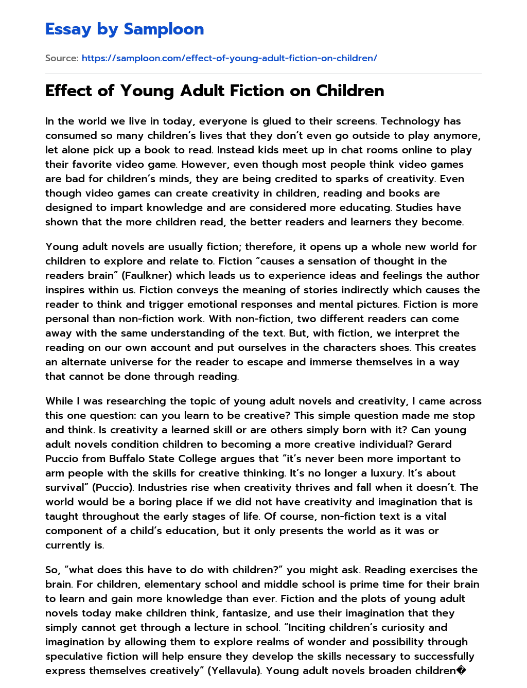 Effect of Young Adult Fiction on Children essay