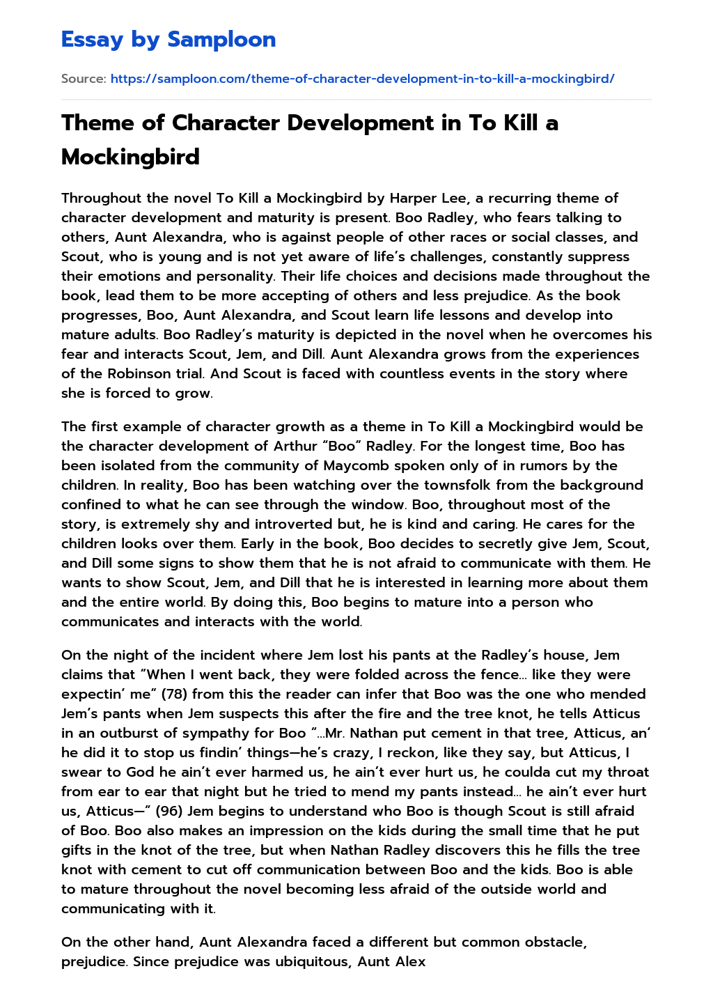 Theme of Character Development in To Kill a Mockingbird essay