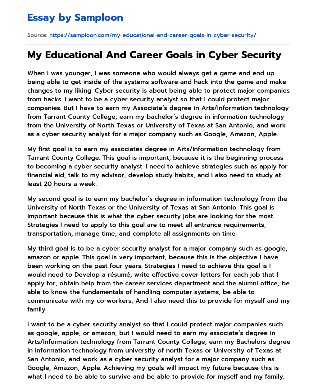 My Educational And Career Goals in Cyber Security essay