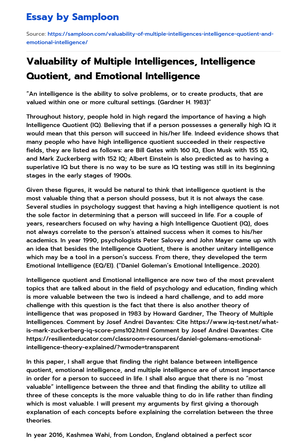 Valuability of Multiple Intelligences, Intelligence Quotient, and Emotional Intelligence essay