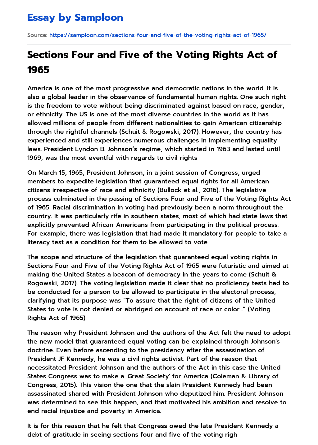 Sections Four and Five of the Voting Rights Act of 1965 essay