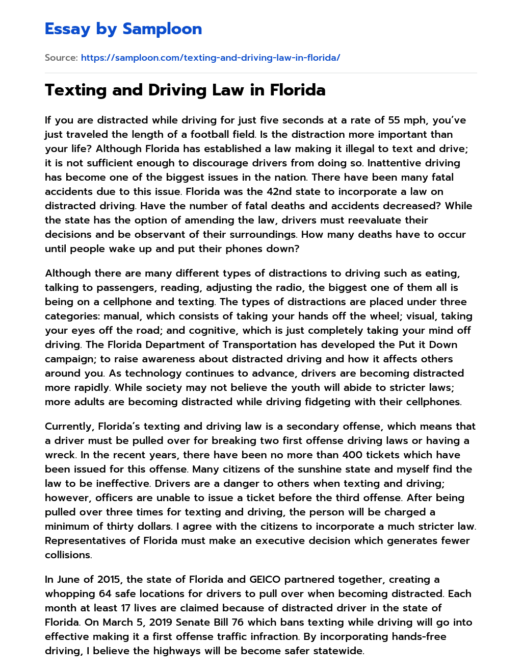 Texting and Driving Law in Florida essay