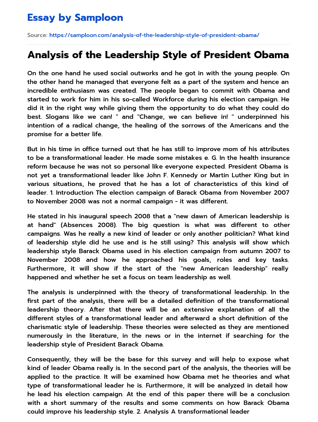 Analysis of the Leadership Style of President Obama Analytical Essay essay