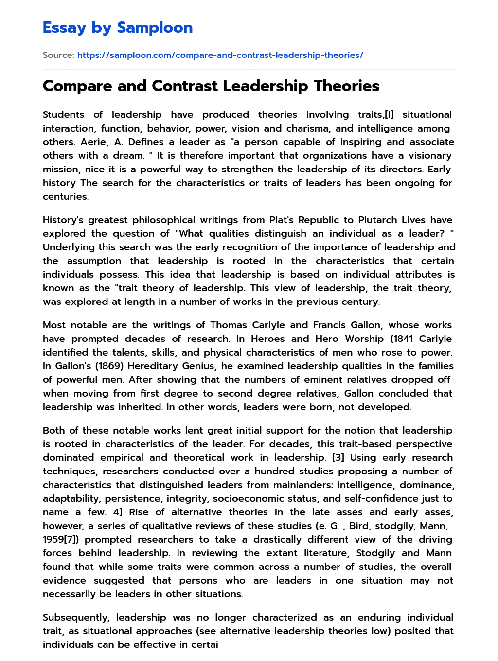 Compare and Contrast Leadership Theories essay