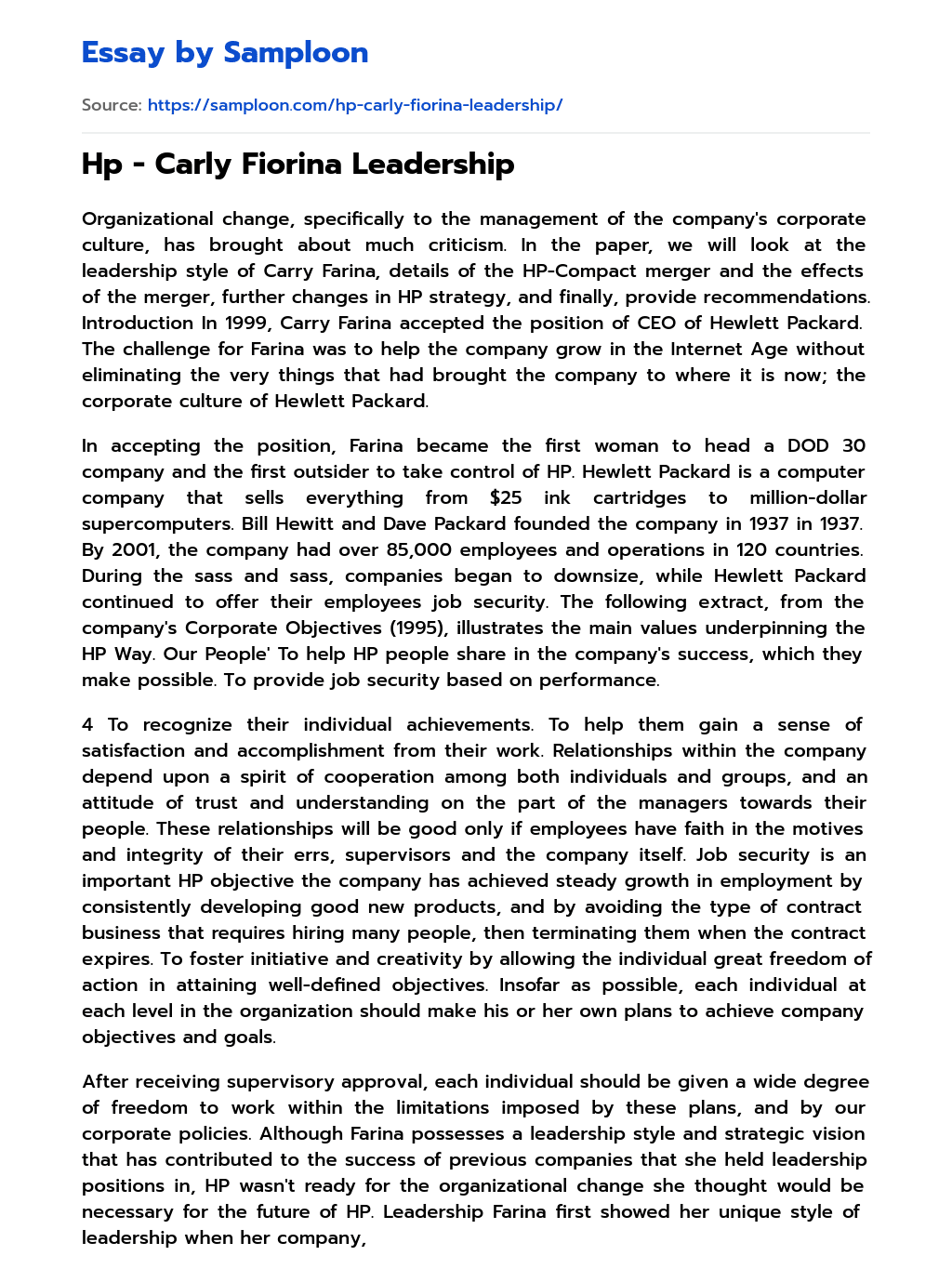 Hp – Carly Fiorina Leadership essay