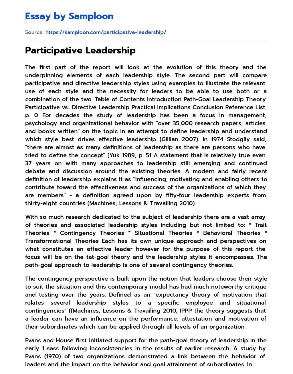 Participative Leadership Argumentative Essay essay