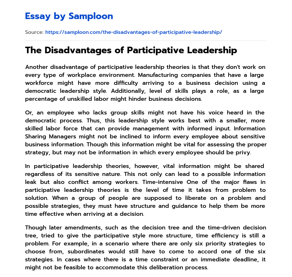 The Disadvantages of Participative Leadership essay