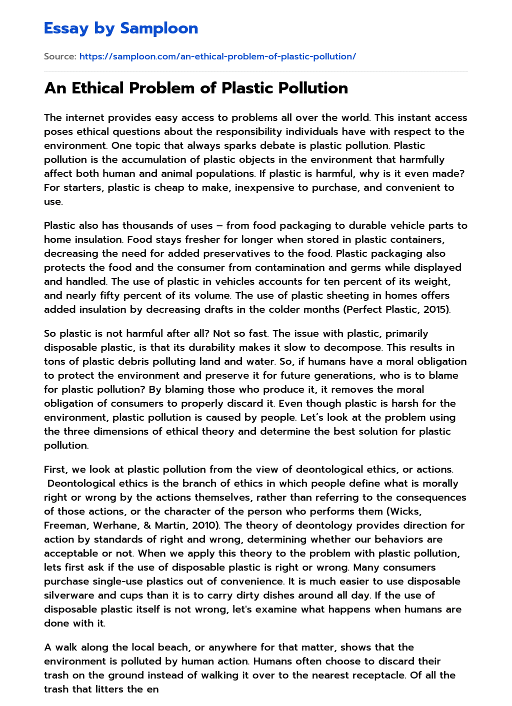  An Ethical Problem Of Plastic Pollution Free Essay Sample On Samploon