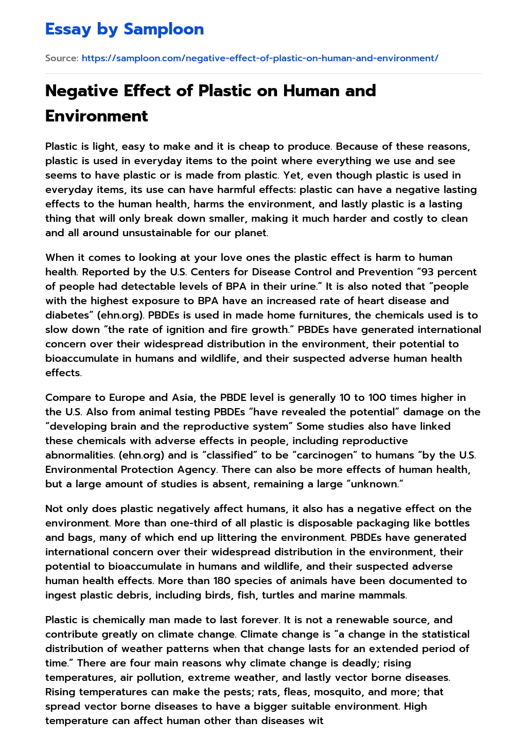 Negative Effect of Plastic on Human and Environment essay