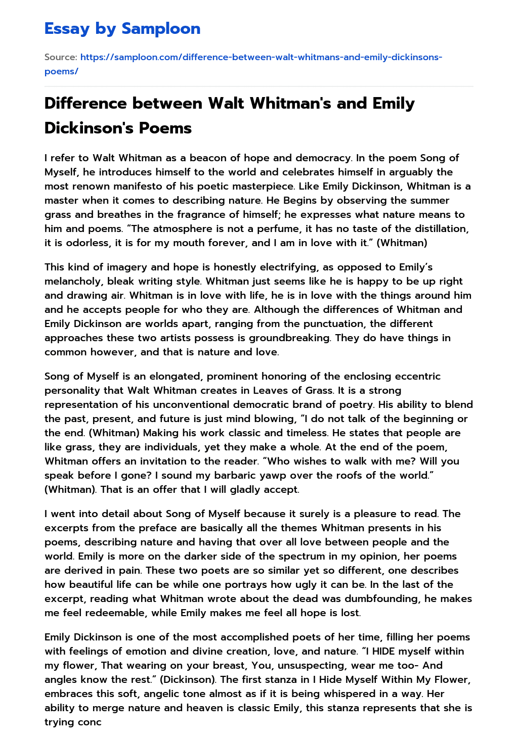 Difference between Walt Whitman’s and Emily Dickinson’s Poems Compare And Contrast essay