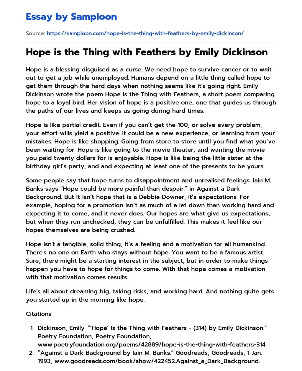 Hope is the Thing with Feathers by Emily Dickinson Summary essay