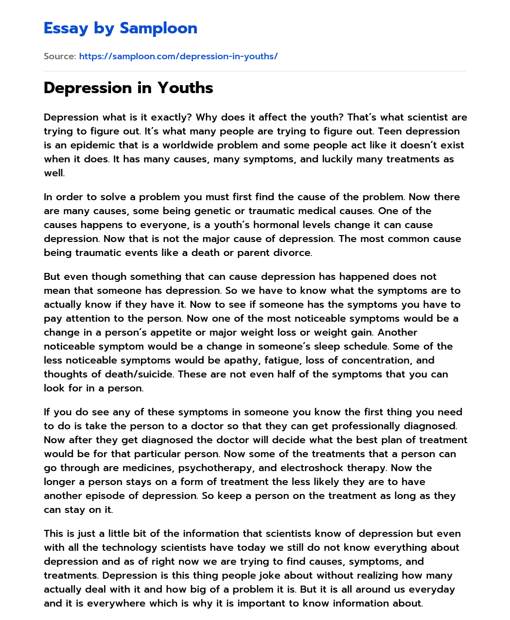 Depression in Youths essay