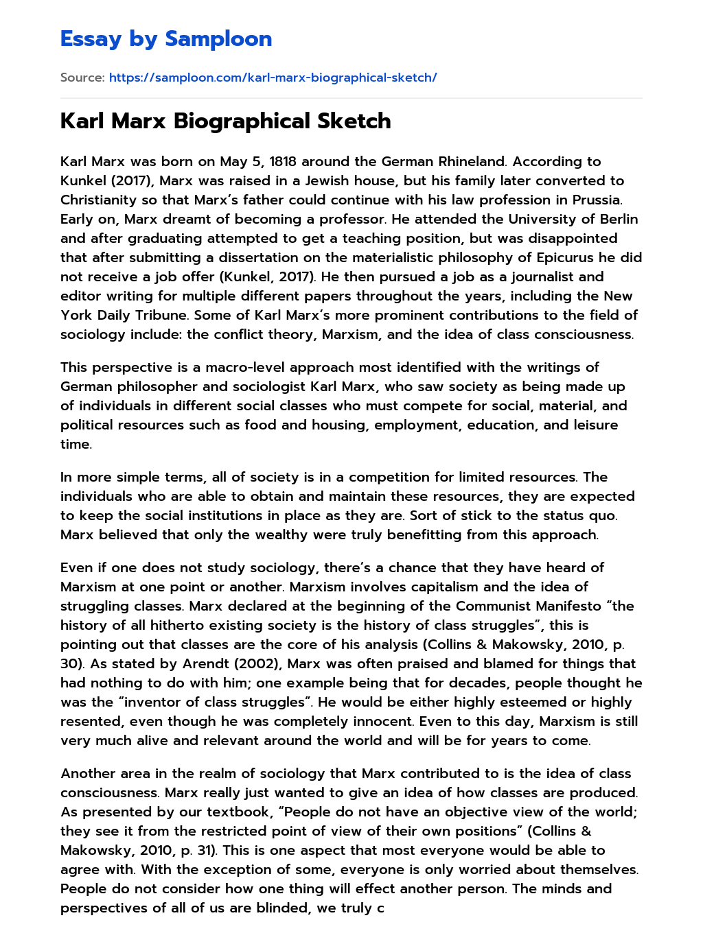 Karl Marx Biographical Sketch essay