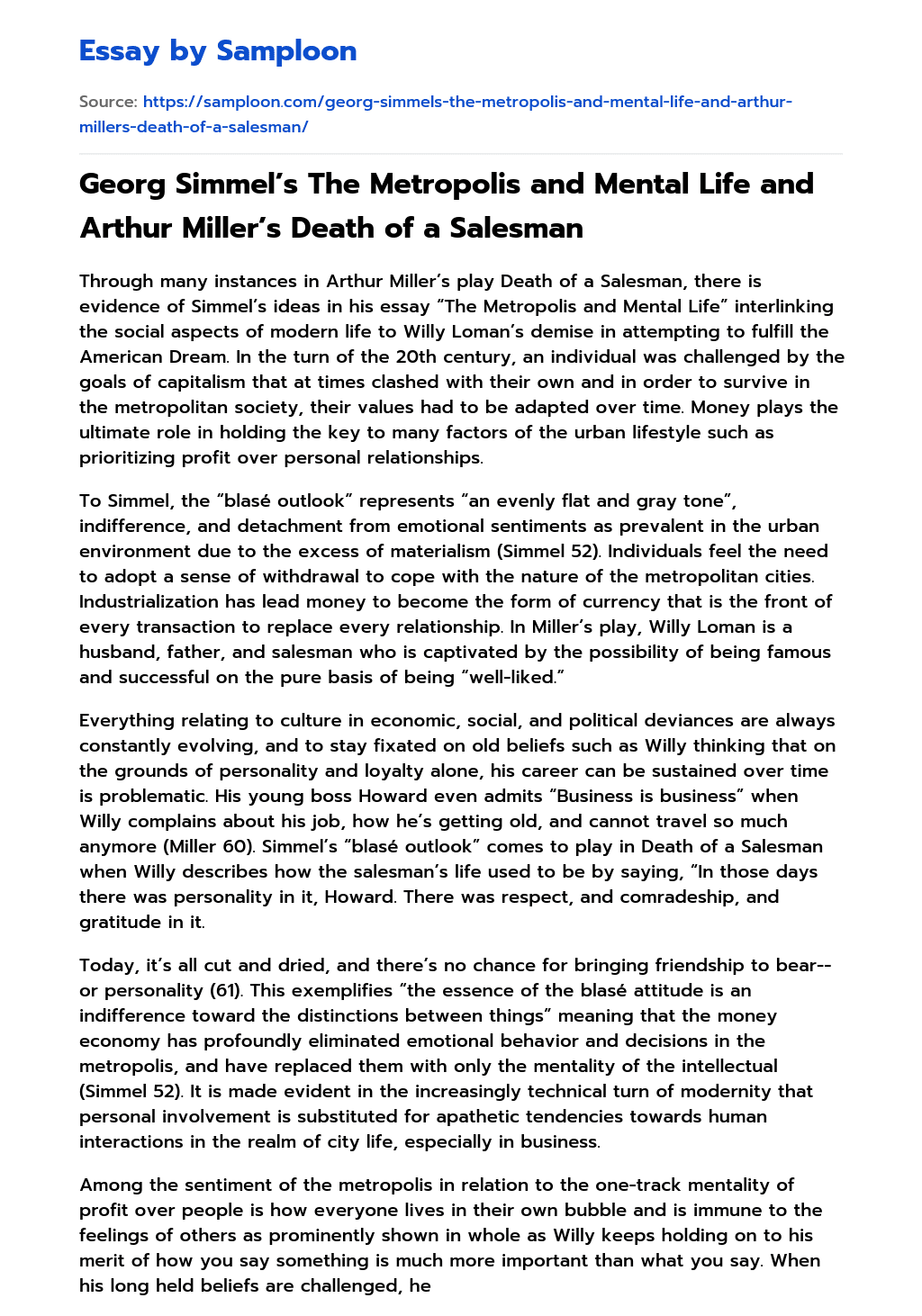 Georg Simmel’s The Metropolis and Mental Life and Arthur Miller’s Death of a Salesman Summary essay