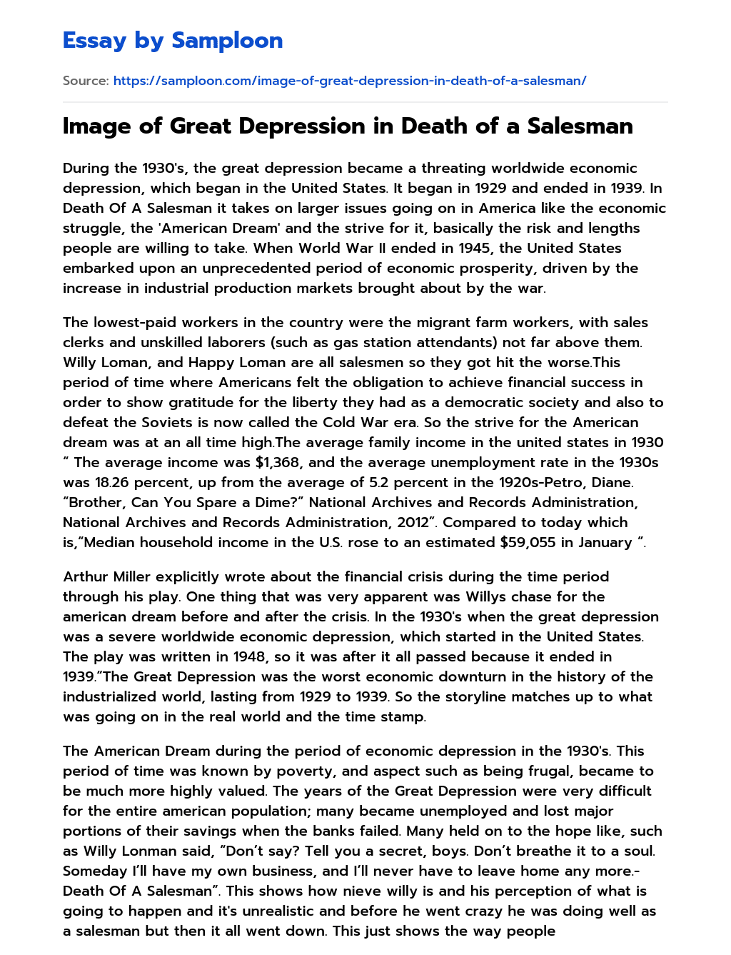 Image of Great Depression in Death of a Salesman essay