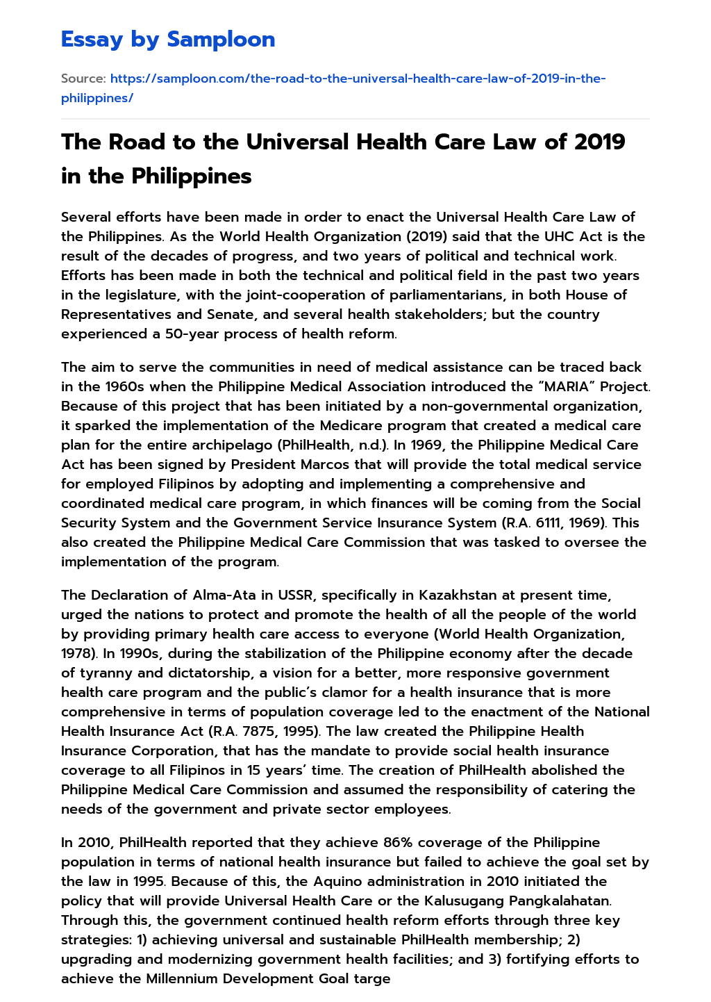 The Road to the Universal Health Care Law of 2019 in the Philippines essay
