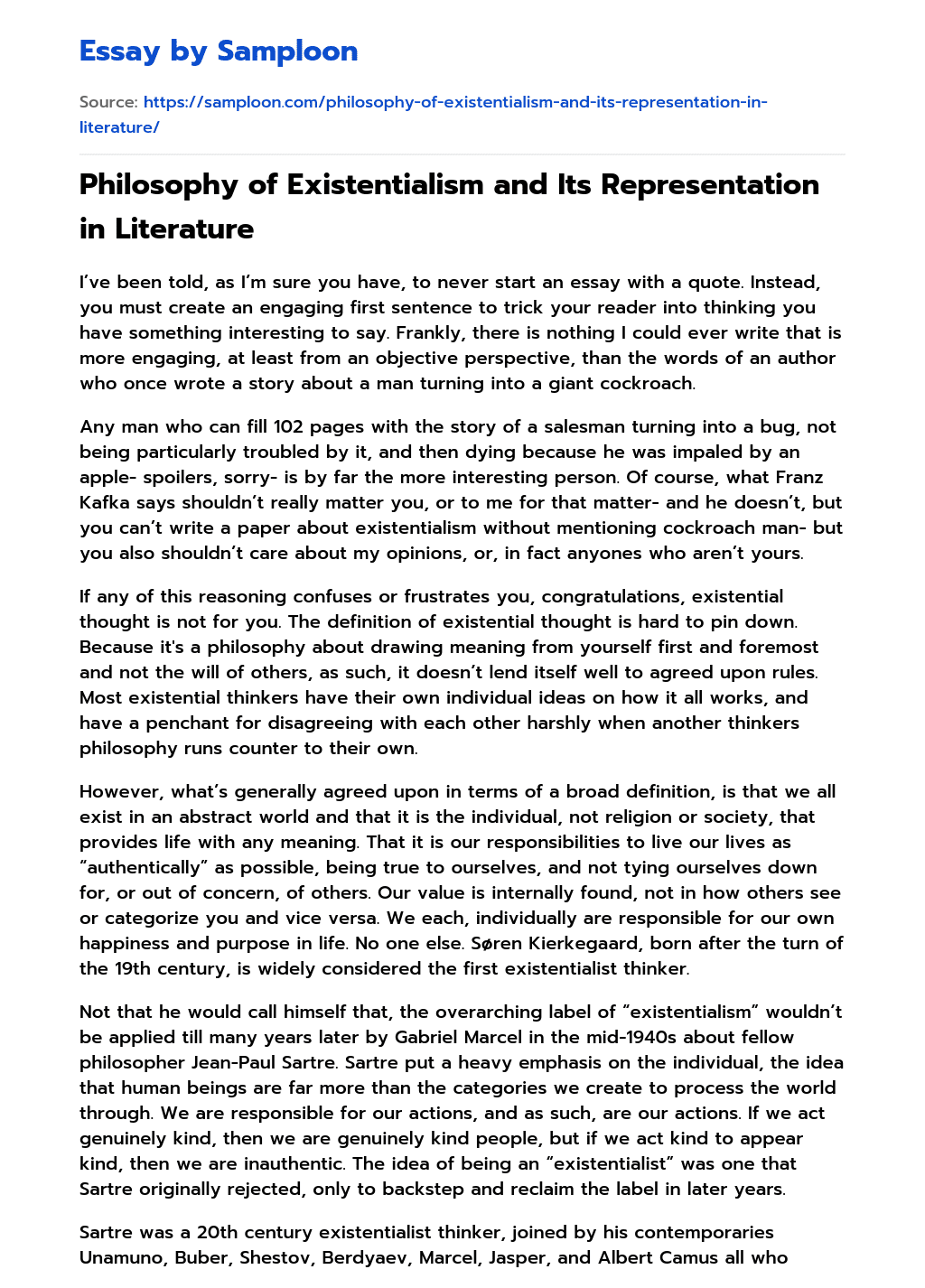 Philosophy of Existentialism and Its Representation in Literature essay