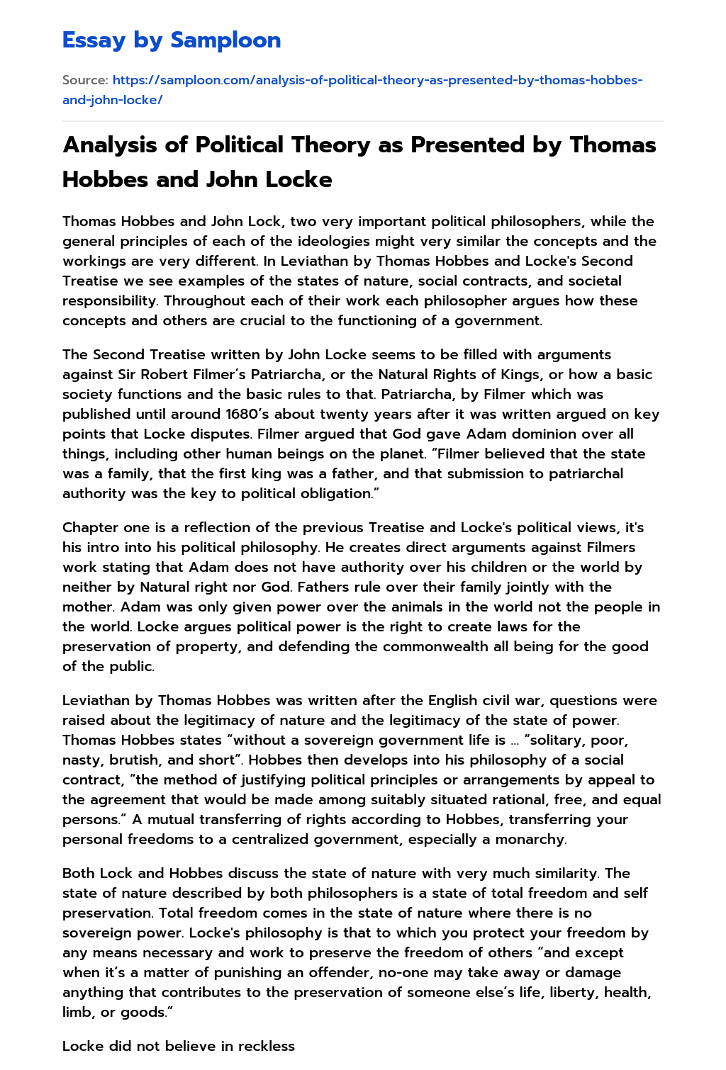 Analysis of Political Theory as Presented by Thomas Hobbes and John Locke essay