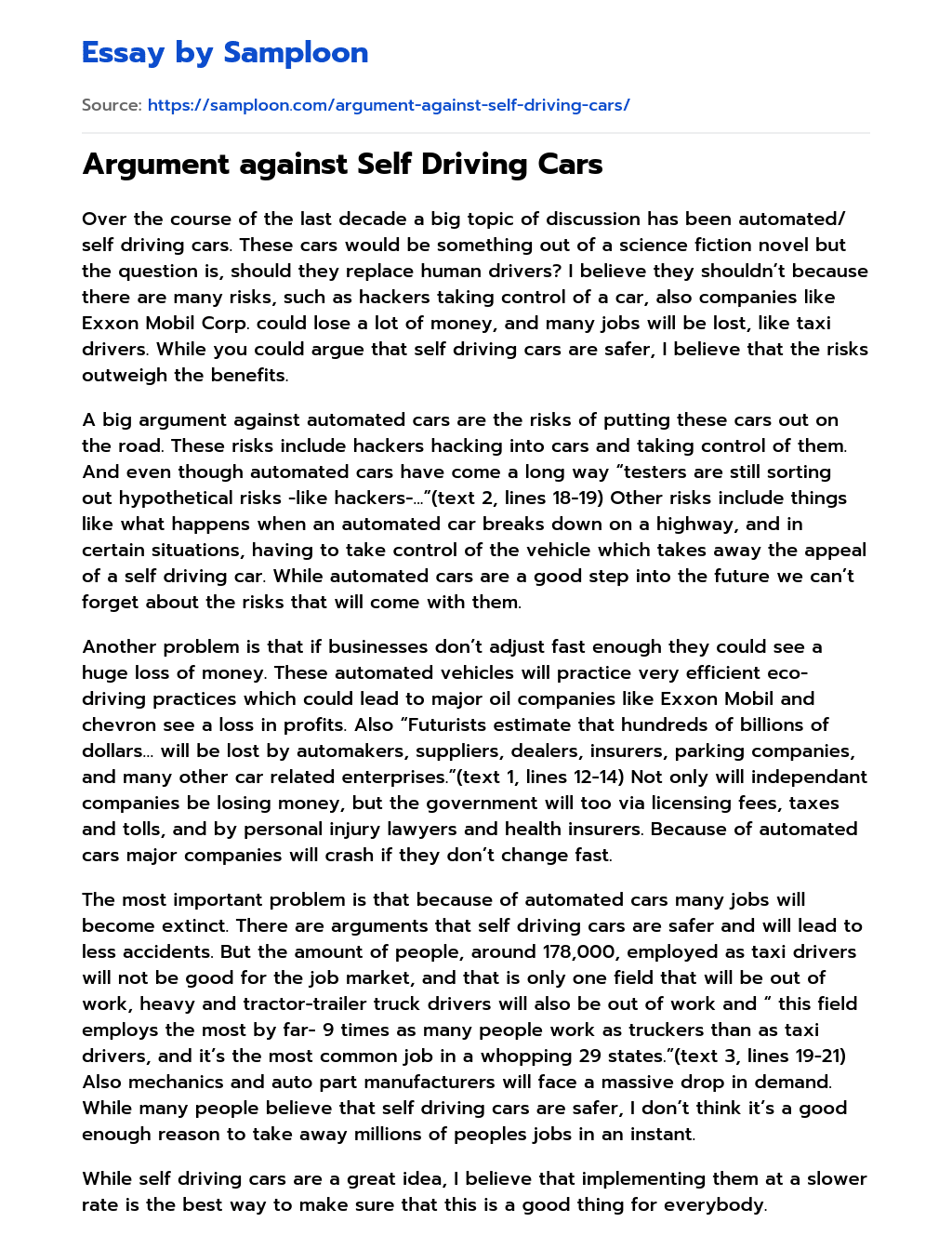 argumentative essay about self driving cars