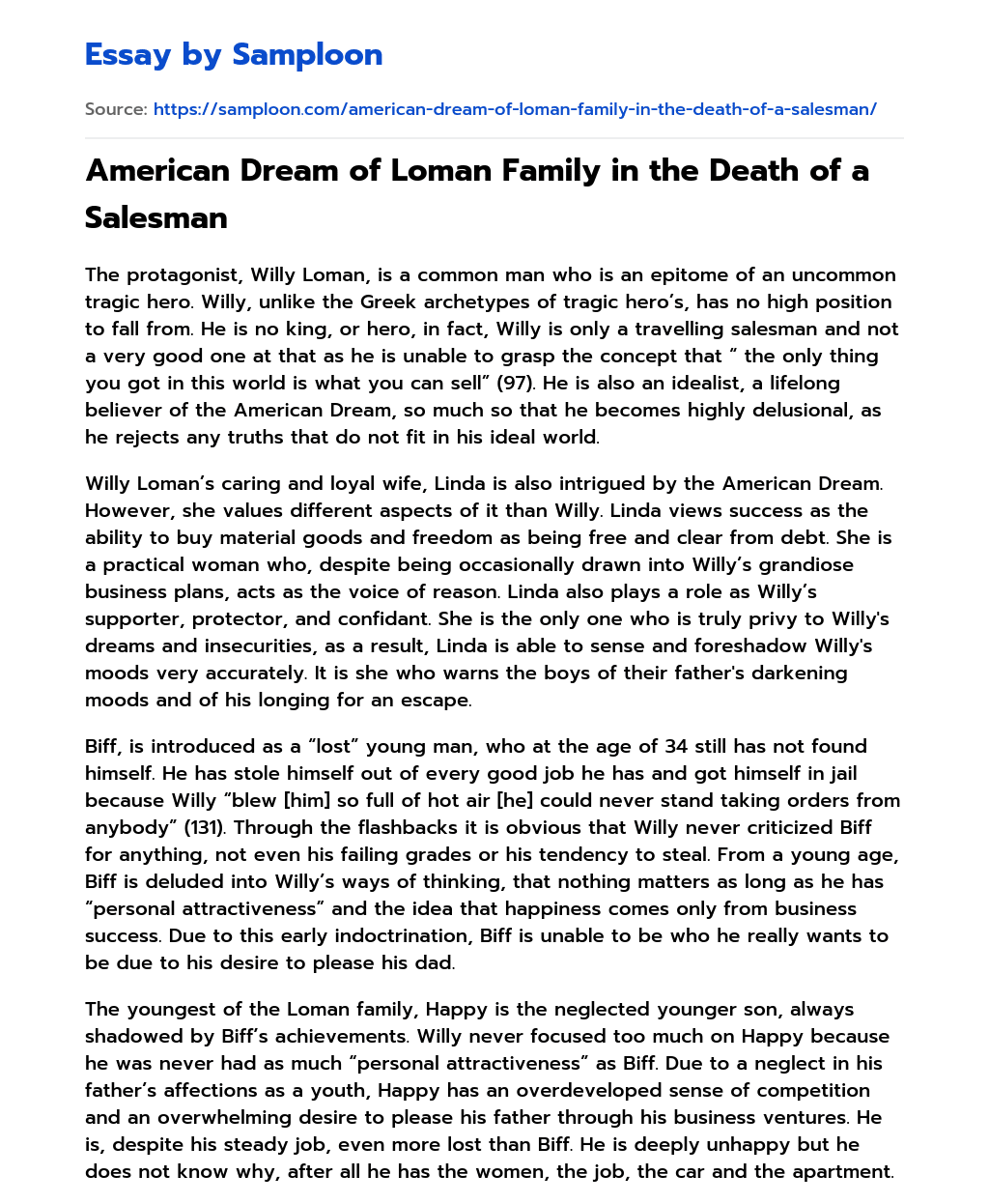 American Dream of Loman Family in the Death of a Salesman essay