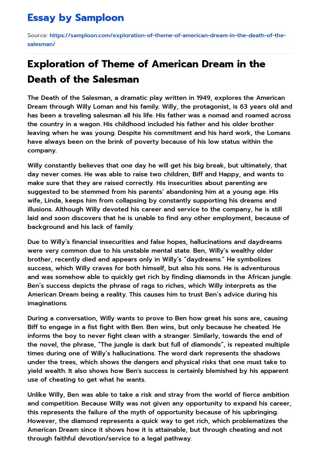 Exploration of Theme of American Dream in the Death of the Salesman essay