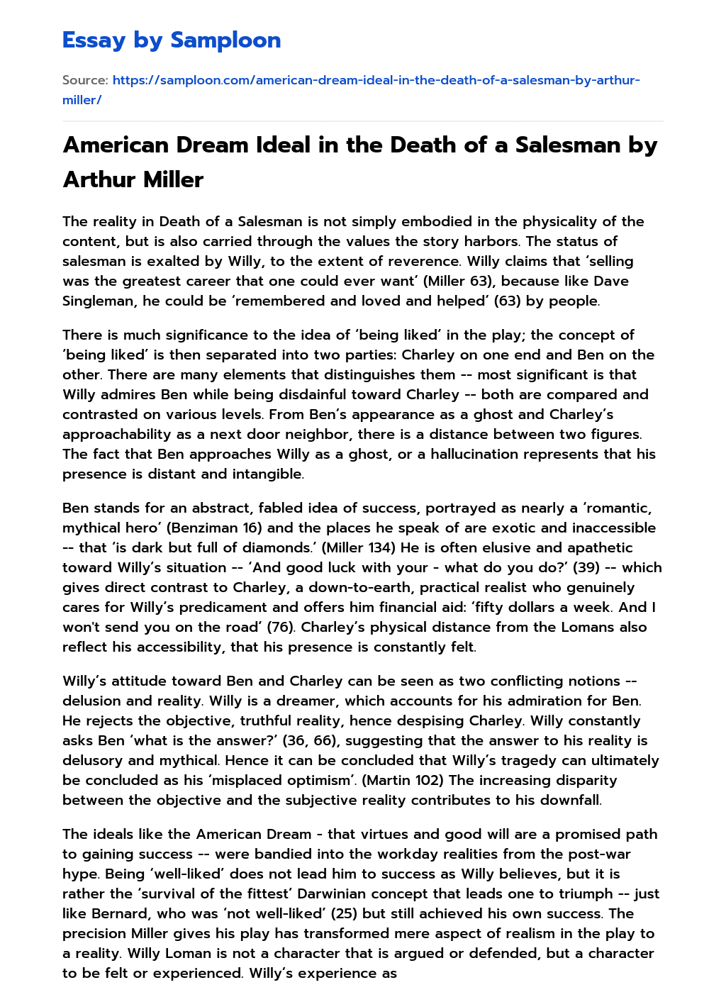 American Dream Ideal in the Death of a Salesman by Arthur Miller essay