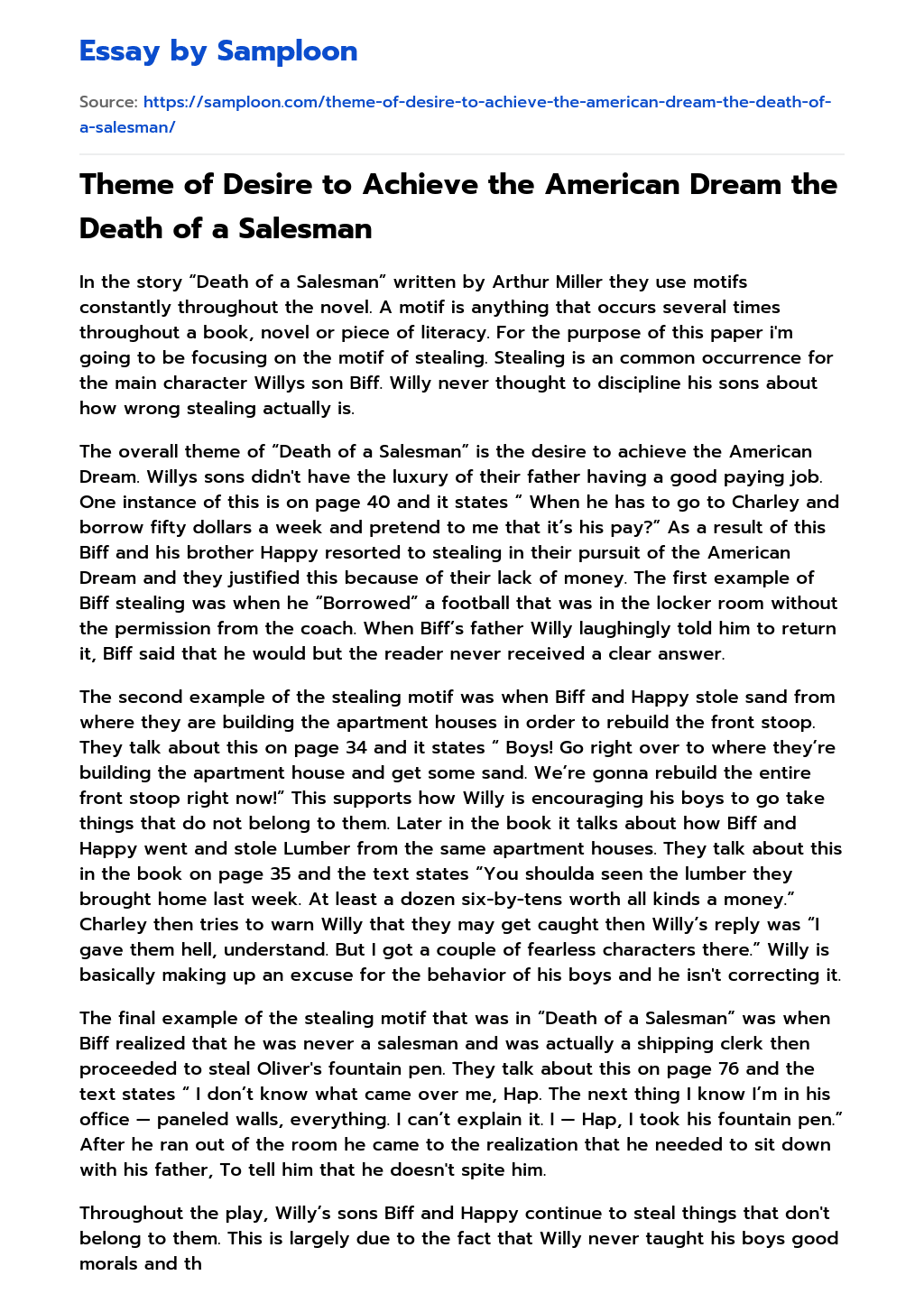 Theme of Desire to Achieve the American Dream the Death of a Salesman essay