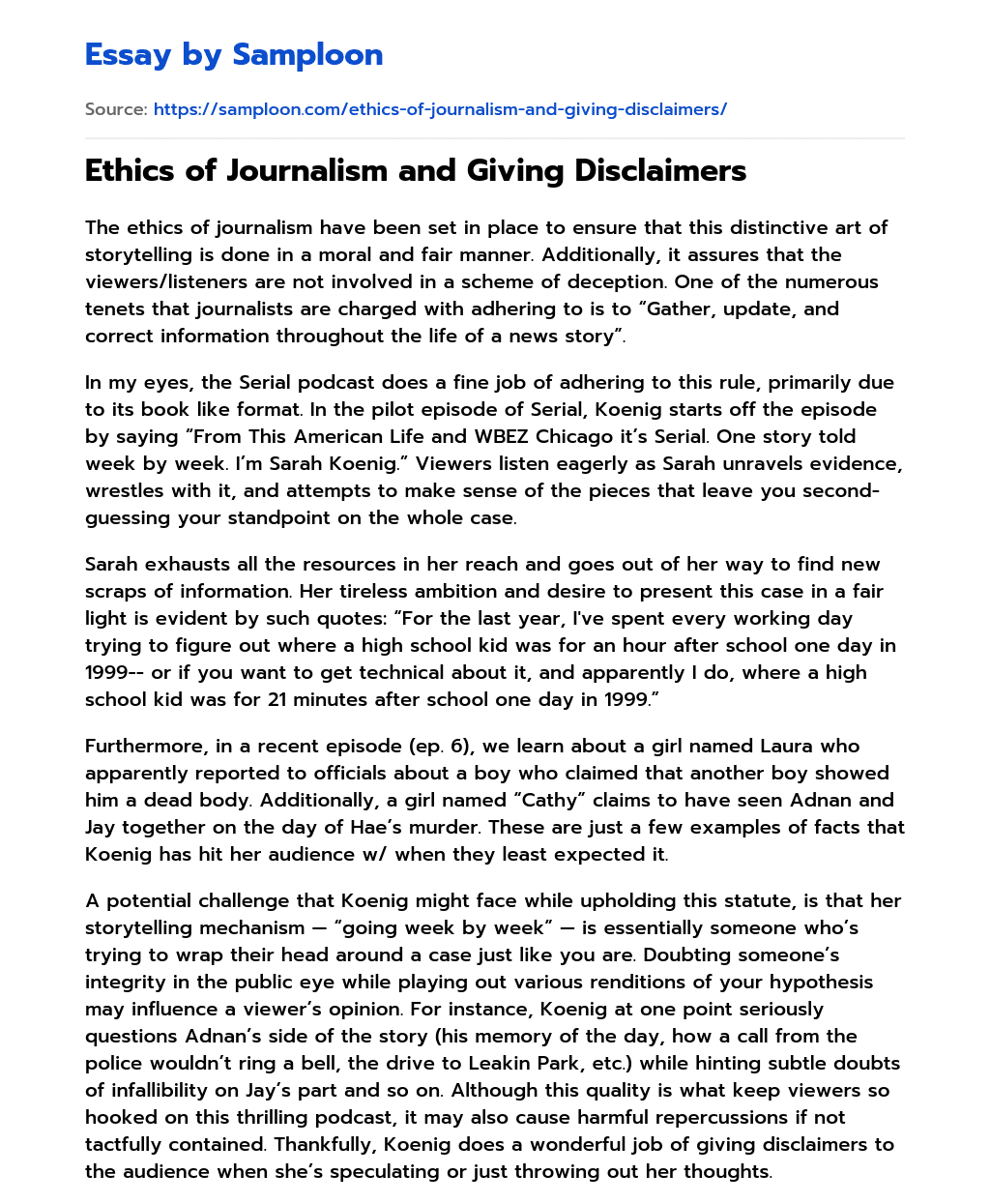 Ethics of Journalism and Giving Disclaimers essay