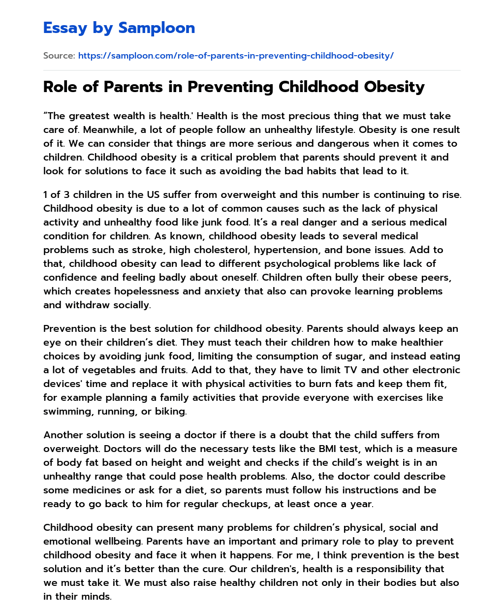 Role of Parents in Preventing Childhood Obesity essay