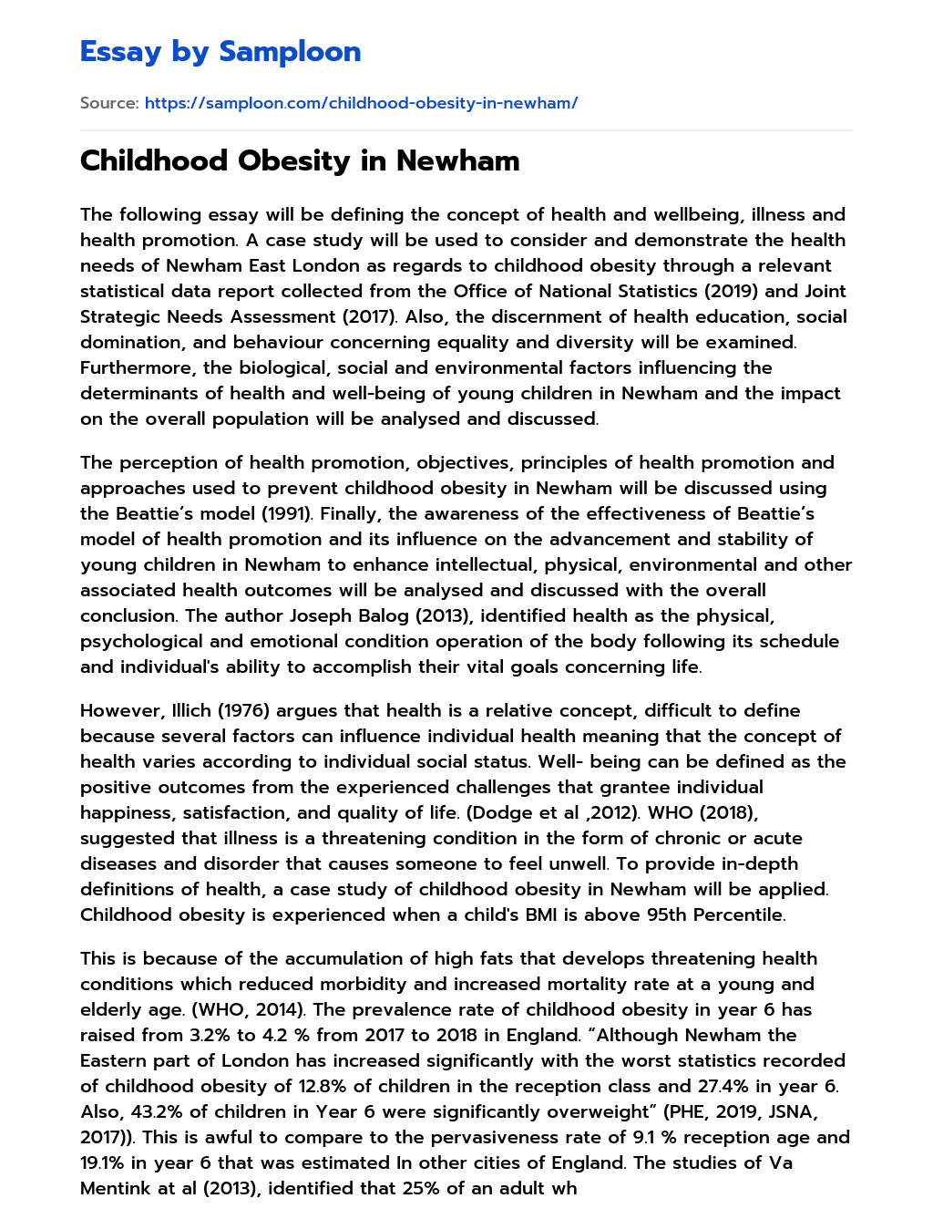 Childhood Obesity in Newham Reflective Essay essay