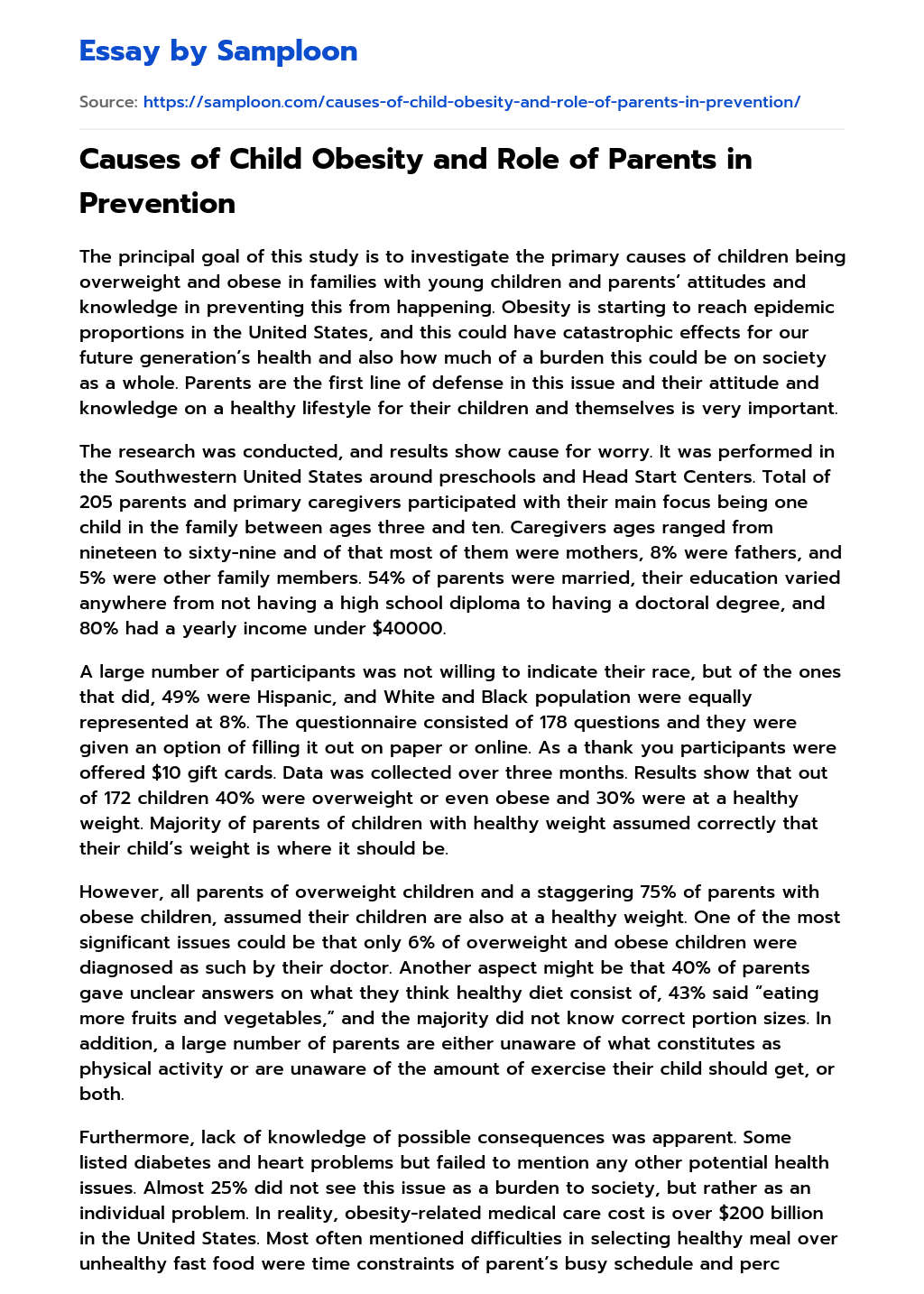 Causes of Child Obesity and Role of Parents in Prevention essay