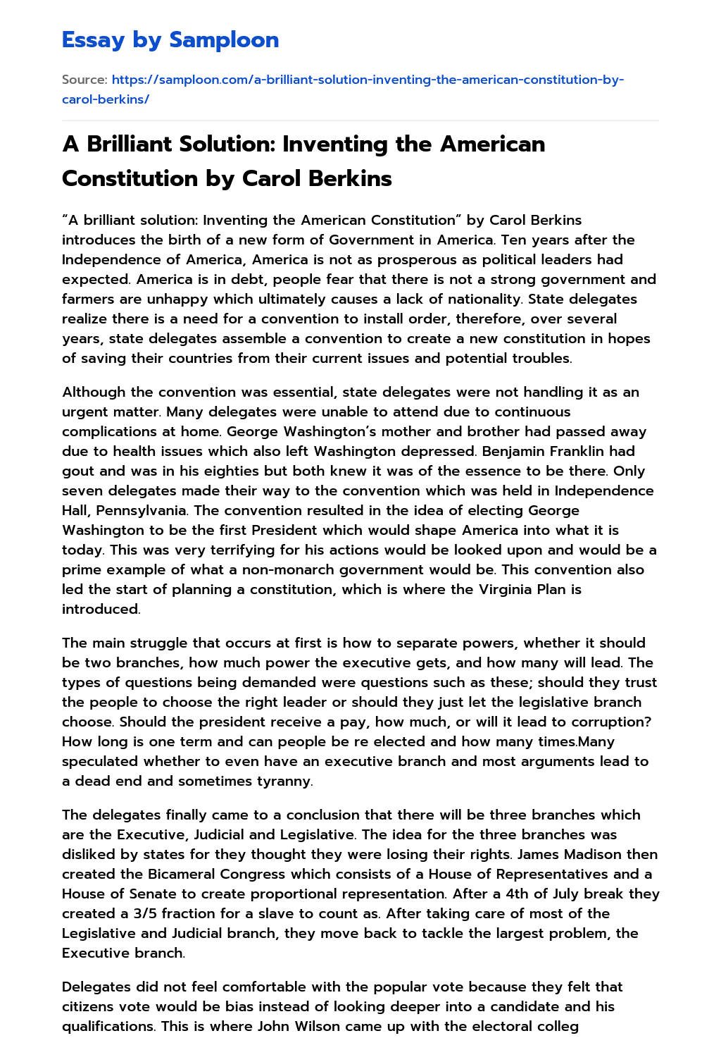 A Brilliant Solution: Inventing the American Constitution by Carol Berkins essay