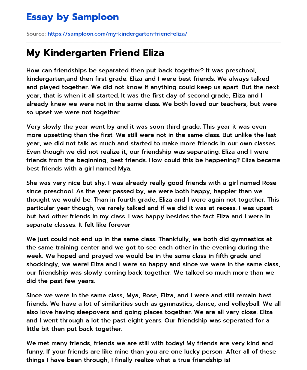My Kindergarten Friend Eliza essay