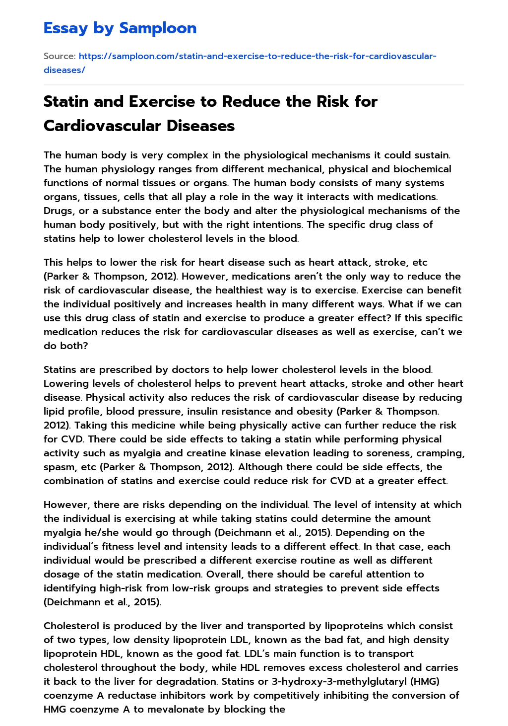 Statin and Exercise to Reduce the Risk for Cardiovascular Diseases essay