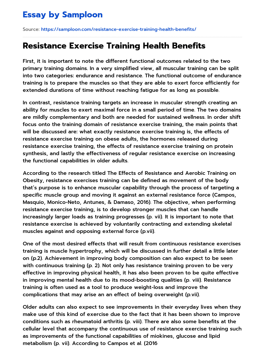 Resistance Exercise Training Health Benefits  essay