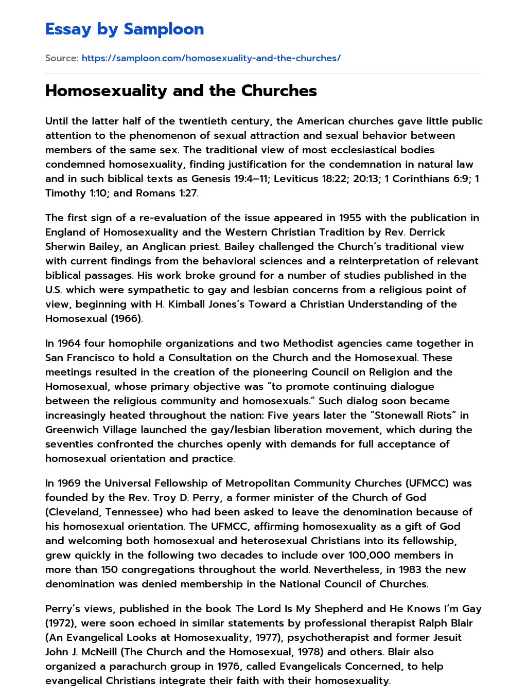 Homosexuality and the Churches essay