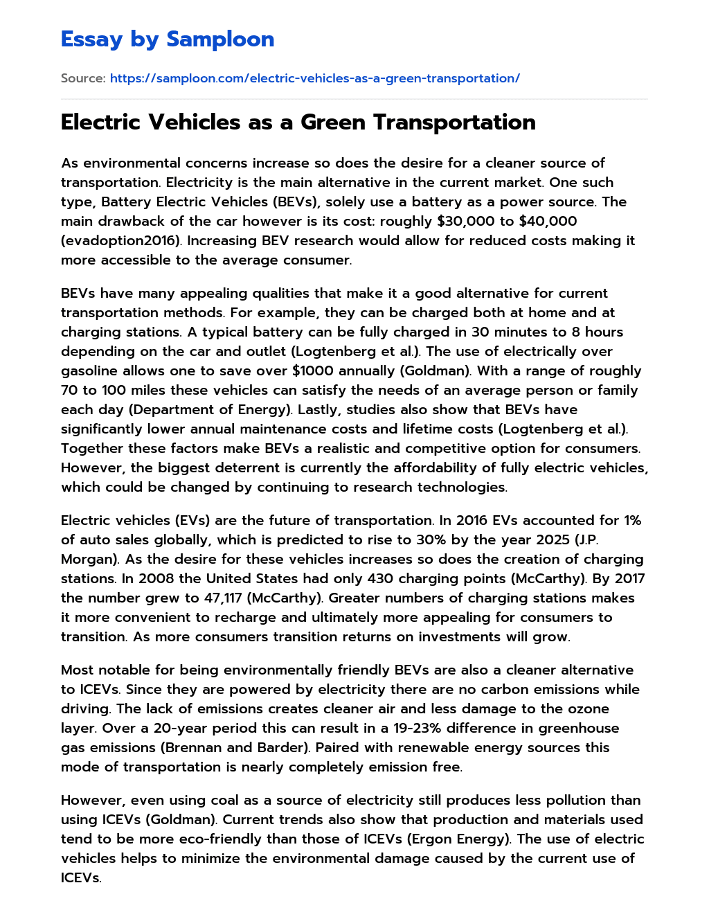 ≫ Electric Vehicles as a Green Transportation Free Essay Sample on