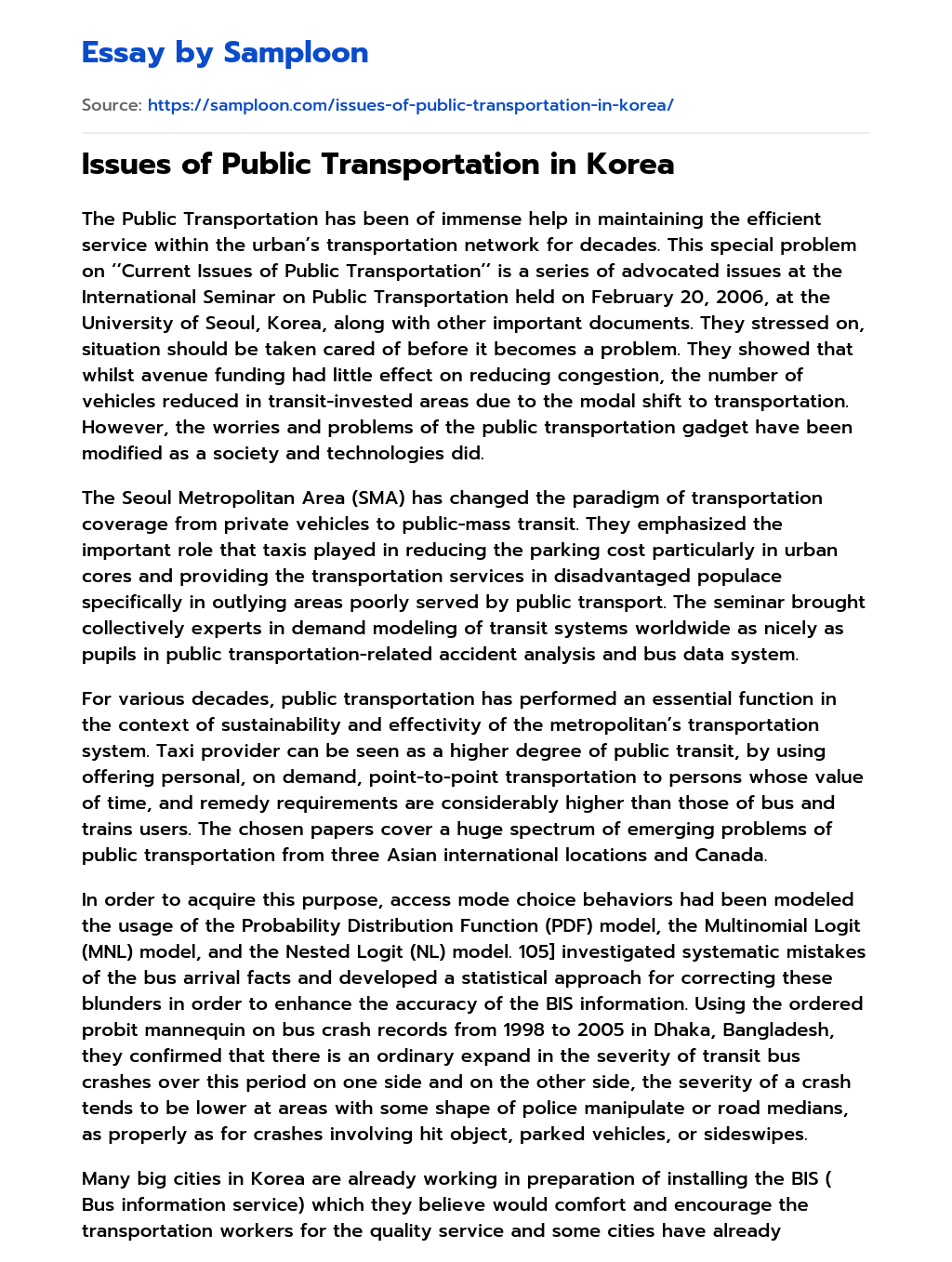 Issues of Public Transportation in Korea essay